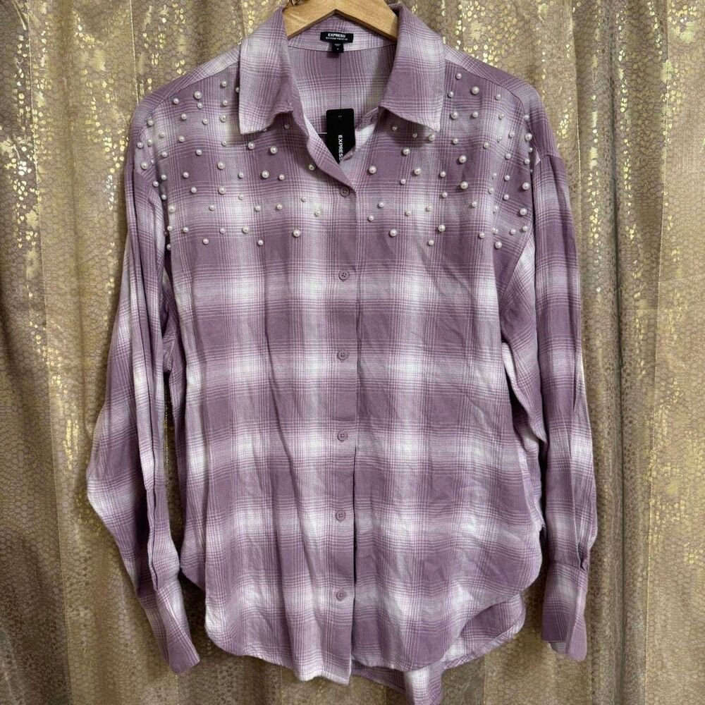 Express Lavender Pearl Plaid Portofino Button Down Flannel Top Small NWT